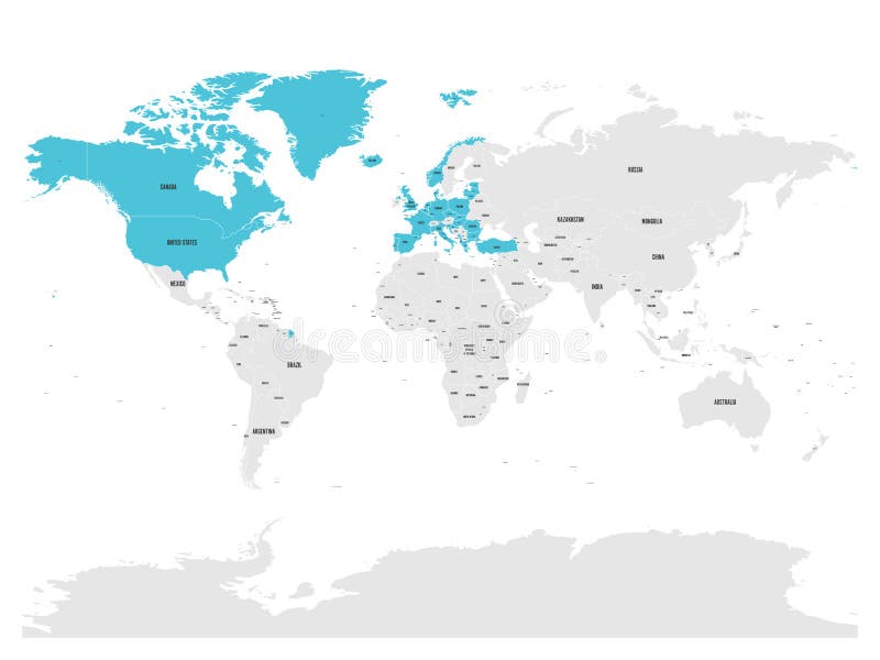 北约组织,北约,成员国由在世界政治地图的蓝色